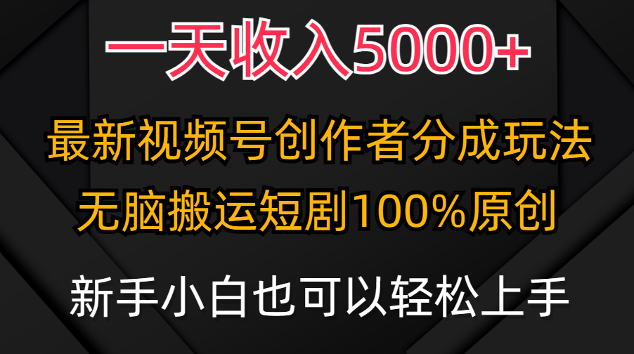 一天收益5000 ，微信视频号原创者分为方案，全新100%原创设计游戏玩法，新手还可以轻…-太奇网创联盟